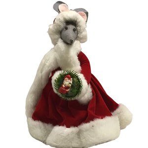 Vintage Homemade Christmas Stuffed Country Girl Mouse Holiday Decor 13.5in Plush